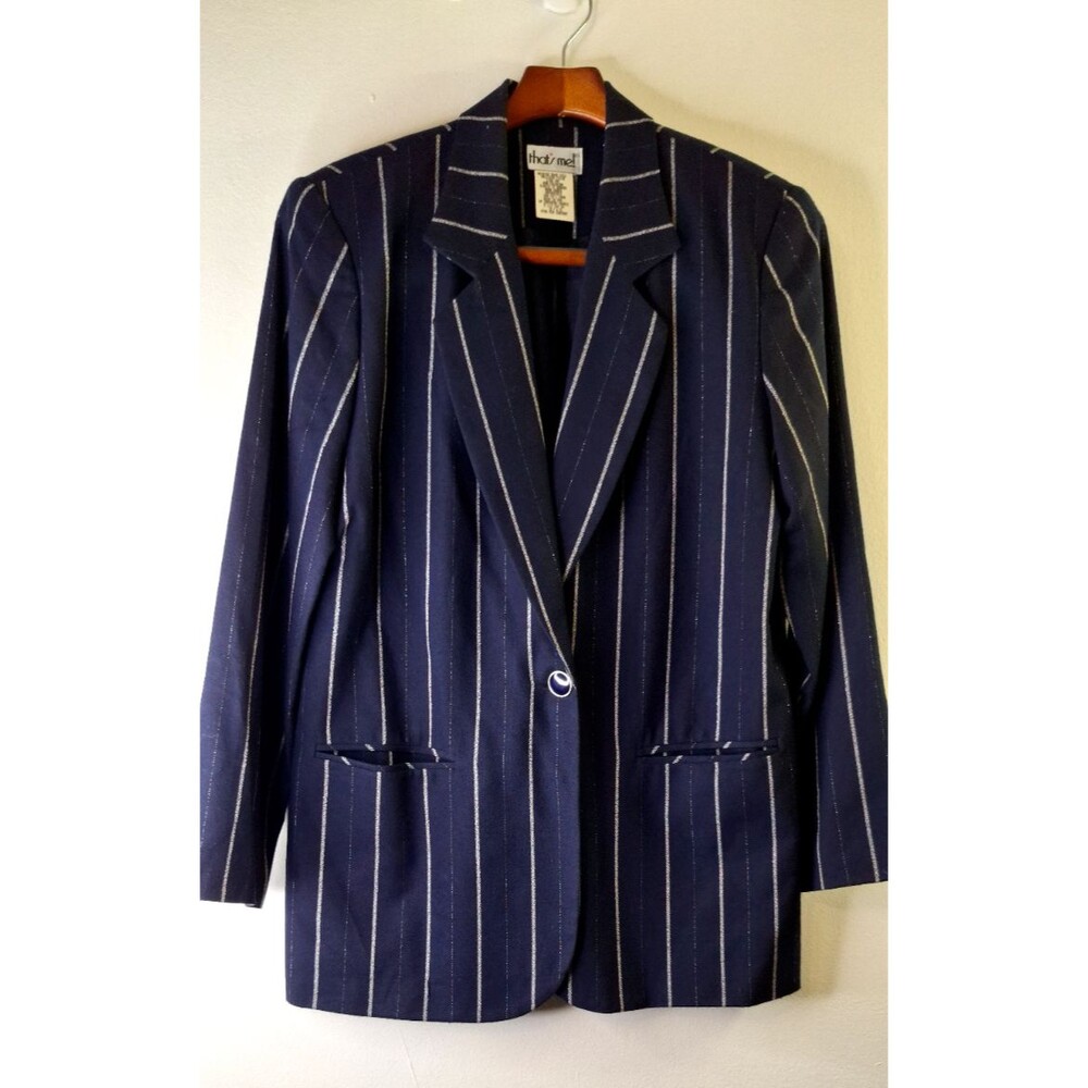 Vtg THAT'S ME‎ Navy Striped Single Button Blazer Retro Women's Sz 90's Sz 9/10